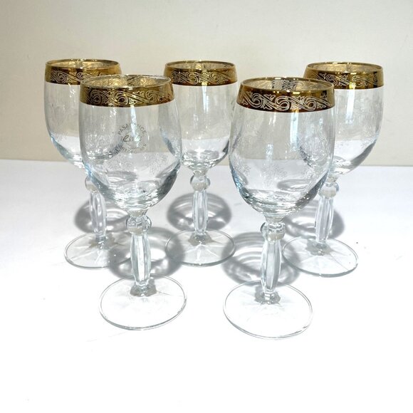 Pasabahce Circle Wine Glasses Gold Rimmed Art of Glass Turkey Set of 5 NWOB - Picture 1 of 11